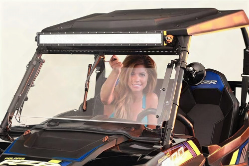 Extreme Metal Products hand-operated 16-inch wiper installed on the hard poly windshield of a side-by-side, driver behind