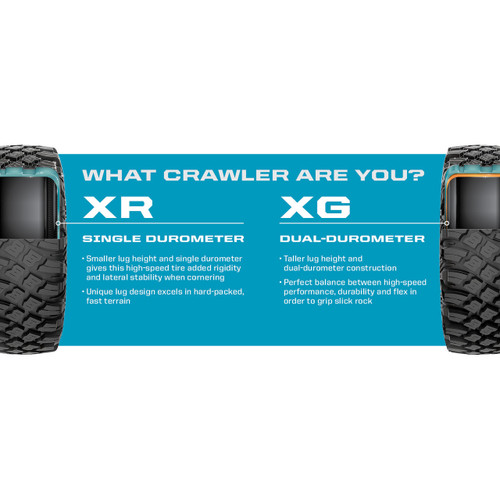 Pro Armor graphic comparing the Crawler XR and XG tires, teal panel with feature text