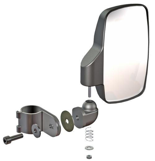 Exploded rendering of the Seizmik side view mirror with the 2-inch tube clamp, ball joint, spring and bolt hardware