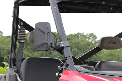 Seizmik side view mirror mounted on the Pro-Fit cage of a Polaris Ranger, seen from outside the cab
