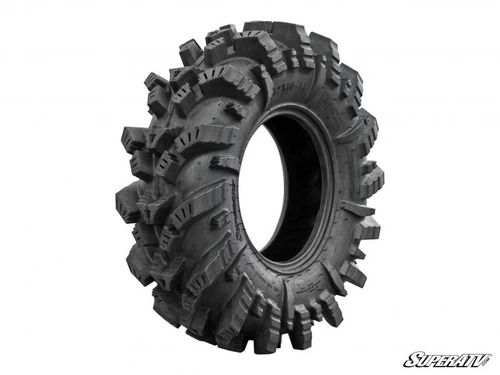 SuperATV Intimidator all-terrain UTV and ATV tire with deep aggressive mud lugs, single tire studio view