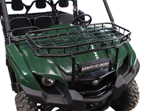 Seizmik hood rack mounted on a green Yamaha Viking with an LED light bar on the front edge, front three-quarter view