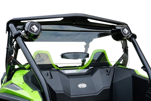 Spike rear windshield for Honda Talon 1000R and 1000X 2-seat: vented rear windshield on a green UTV, rear view