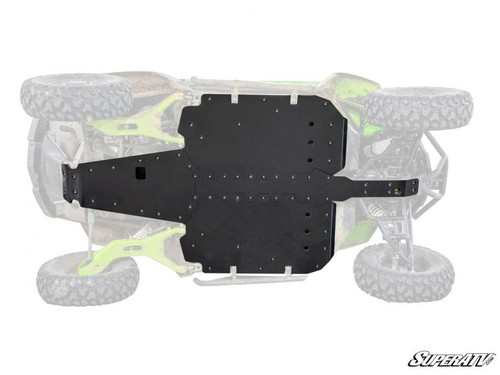 SuperATV full skid plate for the Textron Wildcat XX, black plate shown on the faded underside of the machine