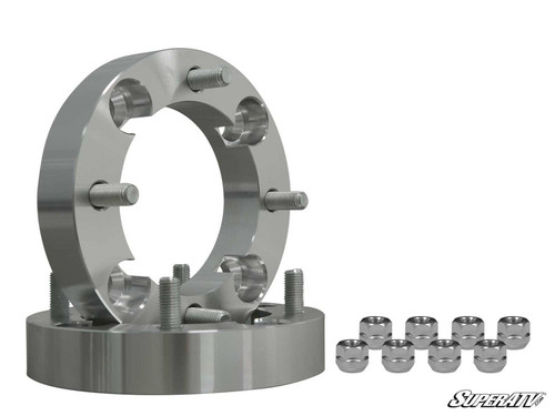 SuperATV Polaris Ranger wheel spacer pair with eight lug nuts beside the stacked spacers