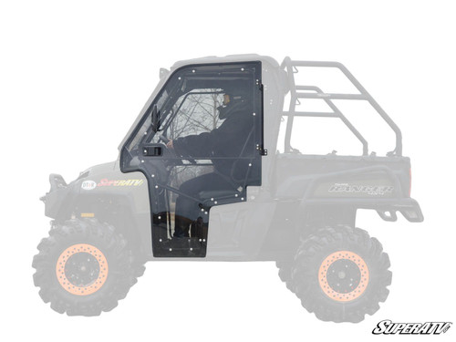 SuperATV full cab enclosure doors highlighted on a Polaris Ranger XP800 with a rider inside, side view on white