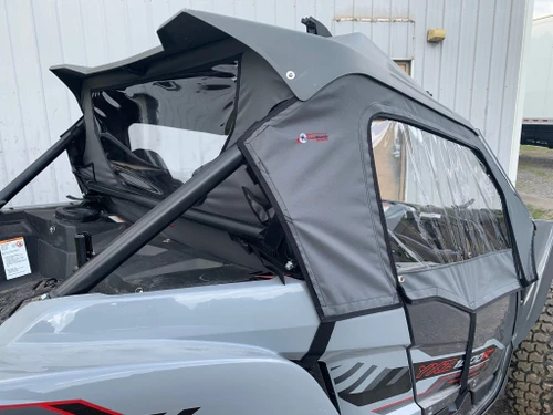 Greene Mountain rear windjammer and door on a Yamaha YXZ 1000R, rear three-quarter view
