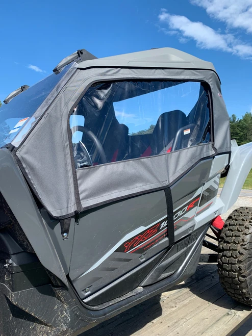 Greene Mountain soft doors on a Yamaha YXZ 1000R, front quarter view showing the clear upper window