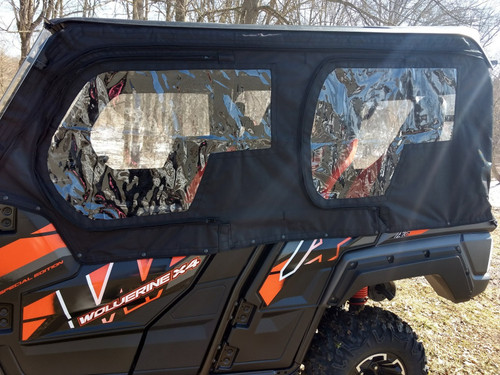 Side X Side soft upper doors kit on a Yamaha Wolverine X4, side view with clear windows and X4 decals
