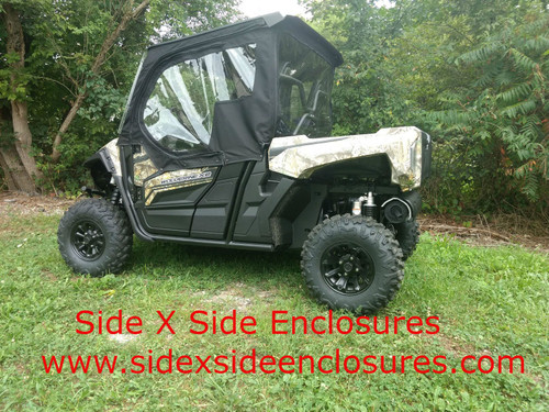 Side X Side full cab enclosure doors and rear window on a camo Yamaha Wolverine X2, side view on grass