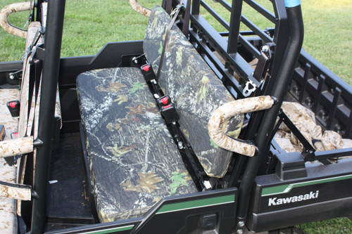 Greene Mountain camo seat covers on a Kawasaki Mule ProFX bench, side view with the grab handle