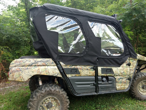 Side X Side upper doors kit with clear windows on a camo Kawasaki Teryx 4 with soft top, side view in the woods