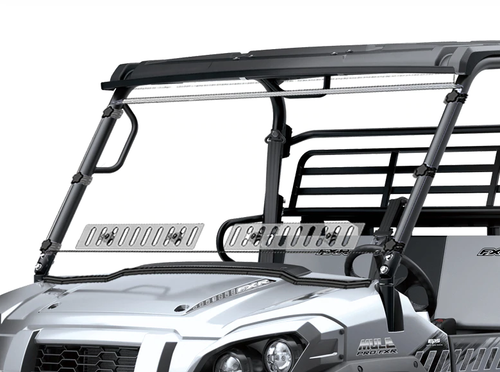Spike Powersports full scratch resistant windshield with dual vents on a silver Kawasaki Mule Pro-FXR, close-up