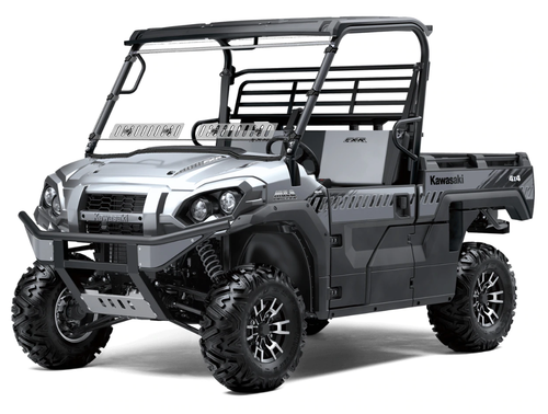 Silver Kawasaki Mule Pro-FXR with the Spike Powersports full vented windshield, front three-quarter view