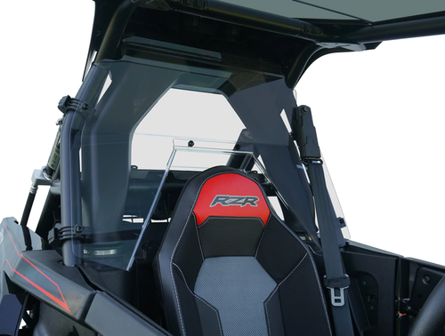 Spike Powersports rear windshield installed behind the seat of a Polaris RS1, viewed from the side