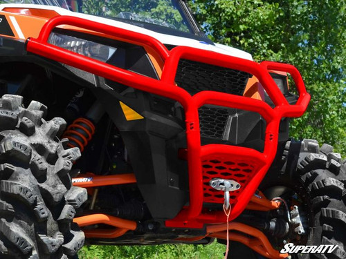 Red color option of the SuperATV front bumper shown on an orange Polaris General, close side view