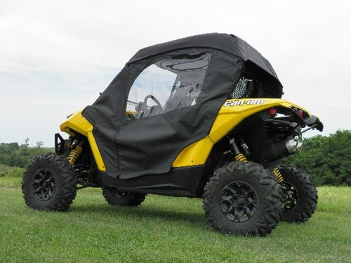 3 Star soft doors and rear window kit on a yellow Can-Am Maverick, front three-quarter view