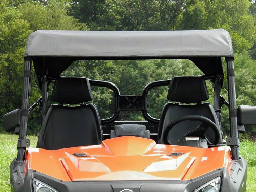 3 Star black soft top installed on an orange CF Moto UForce, front view showing the top over both seats