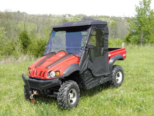3 Star two-piece windshield on a red Hisun 500/700 with soft top and doors, front three-quarter view in a field