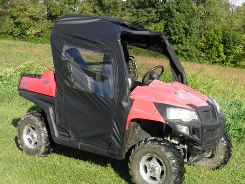 Front three-quarter view of a red Hisun 800 with 3 Star soft doors and top installed