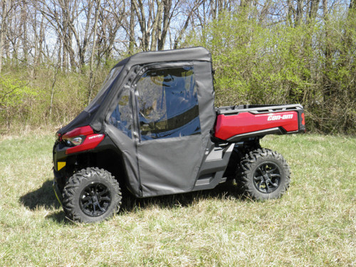 3 Star soft doors and rear window combo installed on a red side-by-side, side profile in a field
