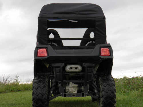 Straight rear view of a black side-by-side showing the 3 Star soft rear window panel and top