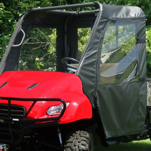 3 Star soft door with clear window on a red Honda Big Red, close front 3/4 view outdoors