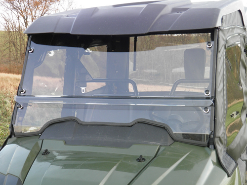 3 Star two-piece scratch-resistant windshield on a green Honda Pioneer 700-2, front close-up under the roof