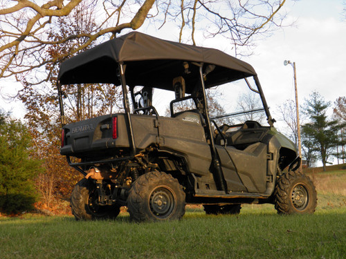 Rear three-quarter view of the 3 Star soft top on a green Honda Pioneer 700-4 with rear seats visible