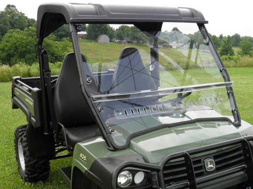 Front three-quarter view of the John Deere Gator XUV with the 3 Star two-piece windshield and roof