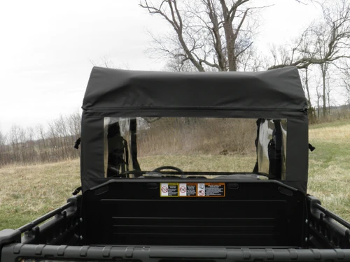 3 Star soft back panel with clear windows behind the crew cab of a John Deere Gator XUV-4, view from the bed