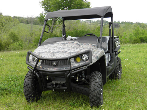 3 Star black soft top installed on a camo John Deere Gator 550 in a grassy field, front three-quarter view
