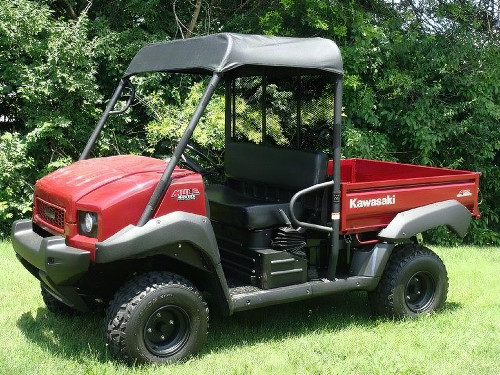 3 Star black soft top installed on a red Kawasaki Mule 4000/4010, front three-quarter view in a field