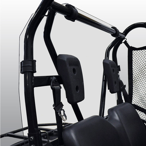 Kolpin clear rear window clamped to the Honda Pioneer 500 roll cage behind the seats, close-up from the side