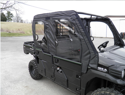 3 Star soft upper doors over the hard half doors of a green Kawasaki Mule Pro-FXT, close front three-quarter view