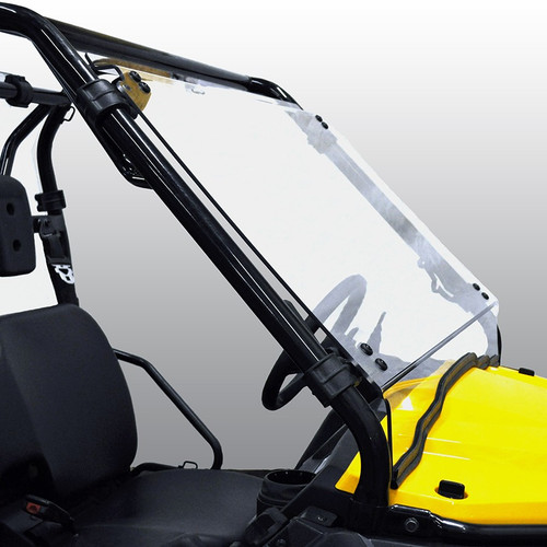 Kolpin Full Tilt windshield on a yellow Honda Pioneer 500 with the top tilted open, angled side view on gray