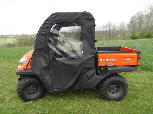 3 Star soft doors kit installed on an orange Kubota RTV 400/500, black door with clear window, driver side view on grass