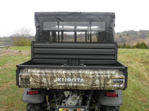 3 Star soft back panel with clear window behind the cargo bed screen of a camo Kubota RTV1140, rear view