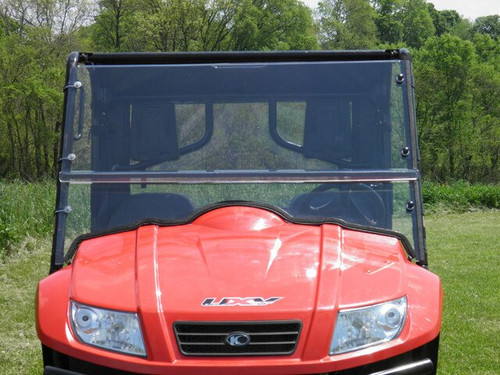 Straight-on front view of the orange Kymco 700 with the 3 Star two-piece windshield showing the split line