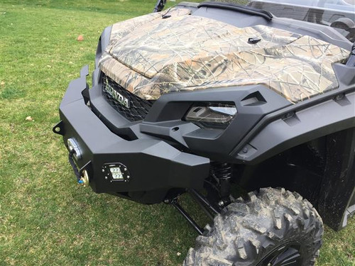 Front three-quarter view from above of the Extreme Metal Products bumper on the camo Honda Pioneer 1000 on grass