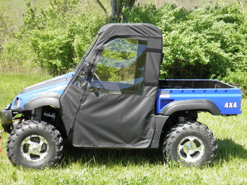 3 Star soft doors and rear window combo installed on a blue Massimo 500/700, side view in a field