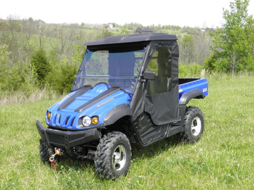 3 Star soft doors with clear windows installed on a blue side-by-side with soft top, front three-quarter view