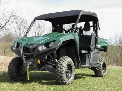 3 Star black soft top on a green Yamaha Viking with a front winch, front three-quarter view in a field