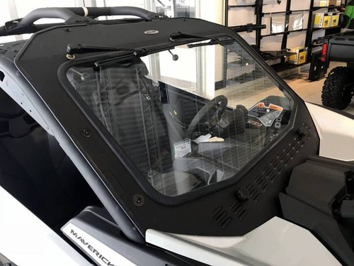 Extreme Metal Products laminated glass windshield with wiper and slide vent on a white Can-Am Maverick X3 in a showroom