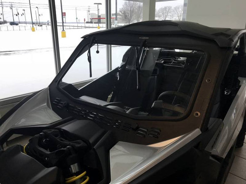 Side view of the Extreme Metal Products glass windshield frame and wiper on the white Can-Am Maverick X3