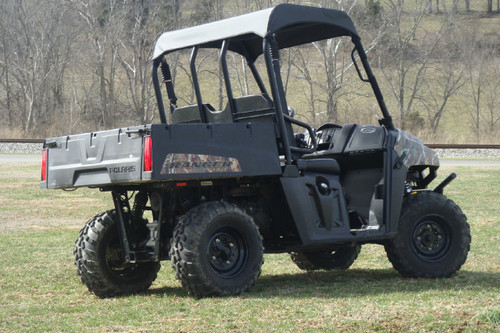 3 Star gray soft top on a camouflage Polaris Ranger 570, rear three-quarter view on grass