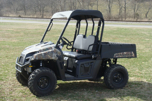 3 Star black soft top on a camo mid-size Polaris Ranger, front 3/4 view on grass