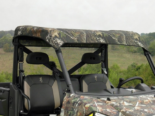 3 Star camo soft top over the cab of a camo Polaris Ranger XP900, close front view showing the seats