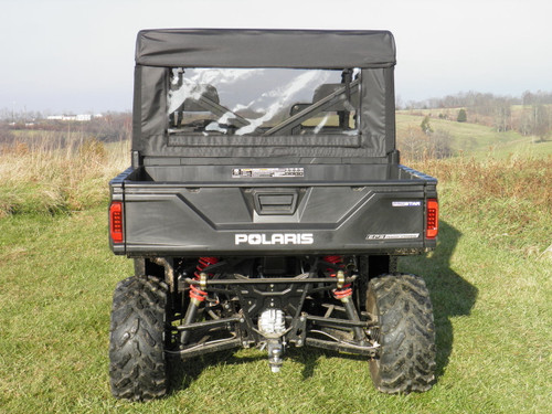 3 Star soft back panel with clear window and top on a black Polaris Ranger, rear view over the cargo bed