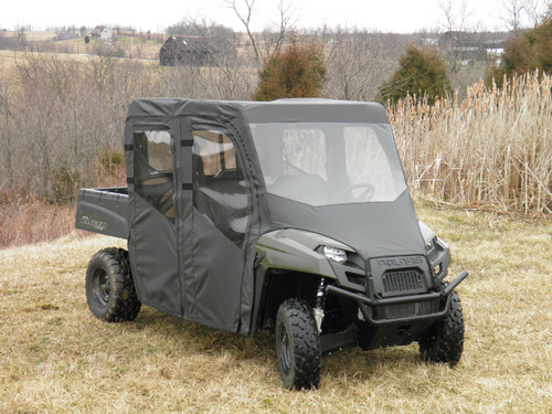 3 Star full cab enclosure with vinyl windshield on a Polaris Ranger 500/570 Crew, front three-quarter view